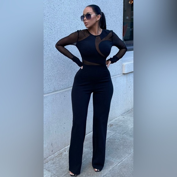 Fashion Nova Elegant Black Mesh Jumpsuit - Picture 1 of 10